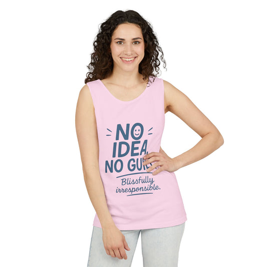 Womens No Guilt Tank Top, No Idea Funny Quote, Blissfully Irresponsible Workout Tee, Casual Sleeveless Top, Summer Activewear, Relaxed Style