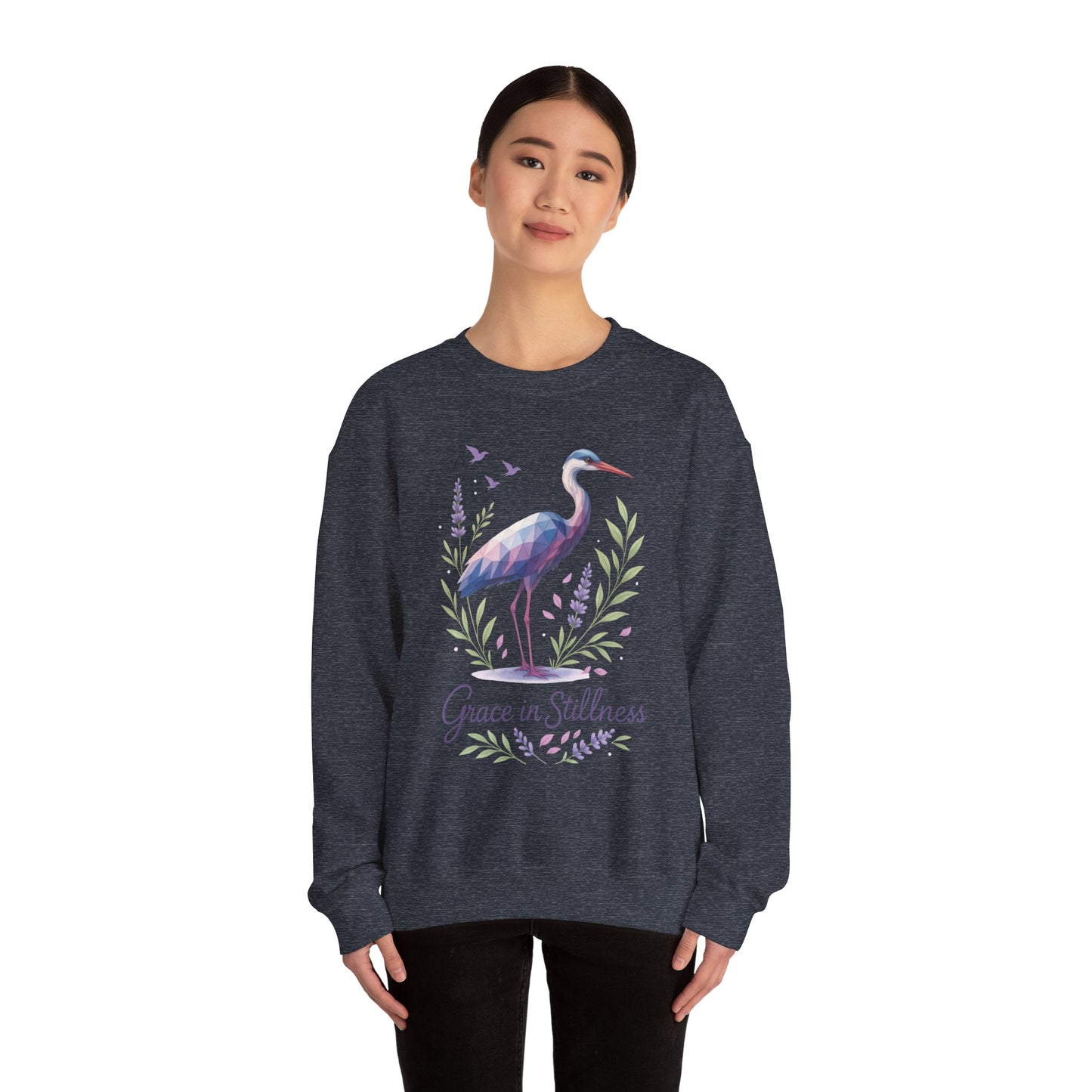 Polygonal Heron Graphic Sweatshirt, Women's Artistic Bird Crewneck, Nature-Inspired Minimalist Design, Geometric Crane, Bird Lovers Gift