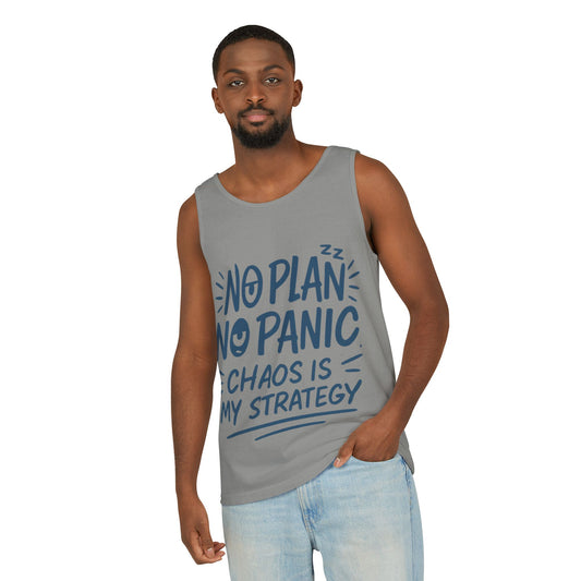 Funny Chaos Quote Mens Tank Top, No Plan No Panic Humor Shirt, Casual Graphic Tee Gift for Him, Relaxed Fit, Workout Gym Humor Shirt