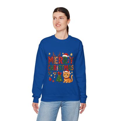 Women's Merry Christmas Cat Sweatshirt, Cozy Holiday Cat Lover Pullover, Women's Heavy Blend™ Crewneck Sweatshirt