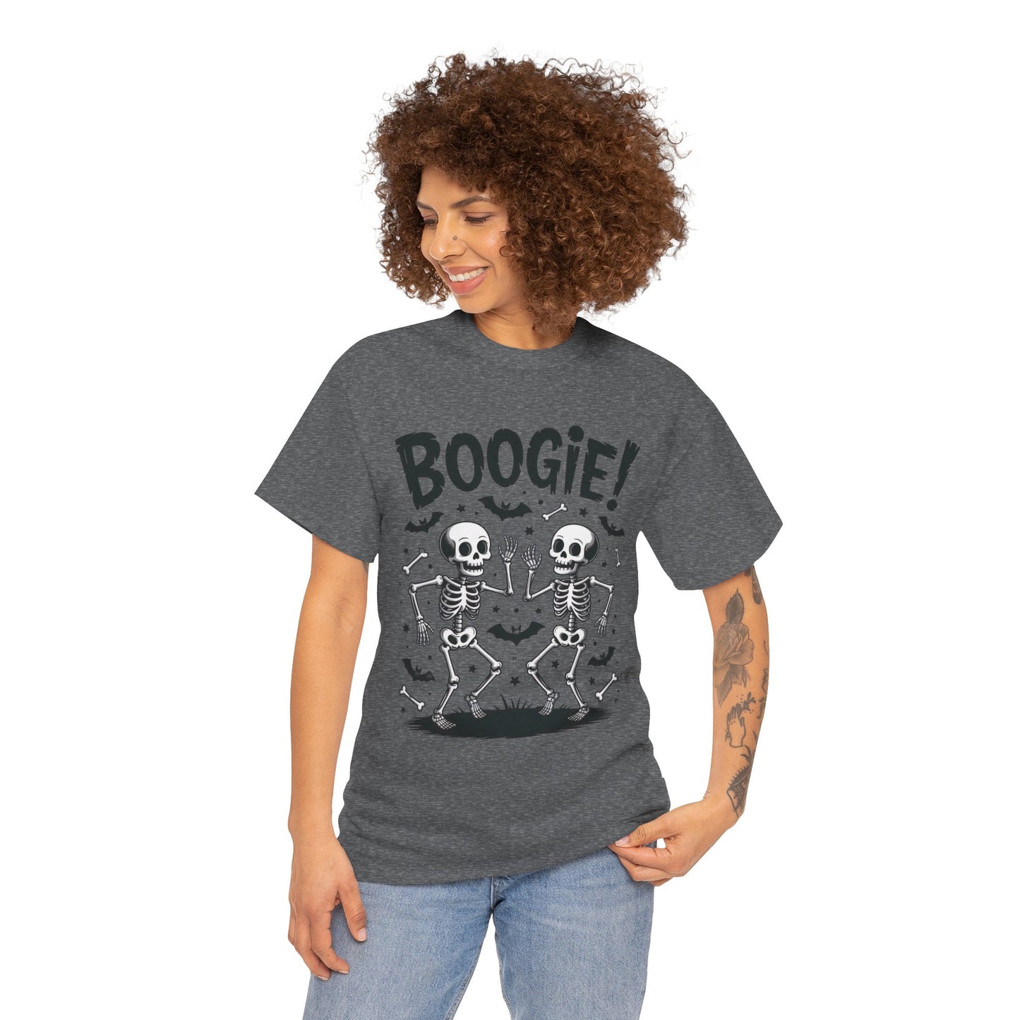 Halloween Dancing Skeletons Women's T-Shirt, BOOGIE! Funny Spooky Graphic Tee for Women, Women's Heavy Cotton Tee