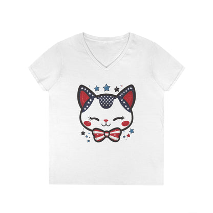 Cute Patriotic  V-Neck T-Shirt, Women's Graphic Tee, Perfect for Cat Lovers, Perfect for Holidays and Fourth of July Celebrations