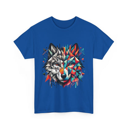 Geometric Wolf Tee, Heavy Cotton T-Shirt, Wildlife Lover Apparel, Unique Nature Wear, Artistic Wolf Design Tee
