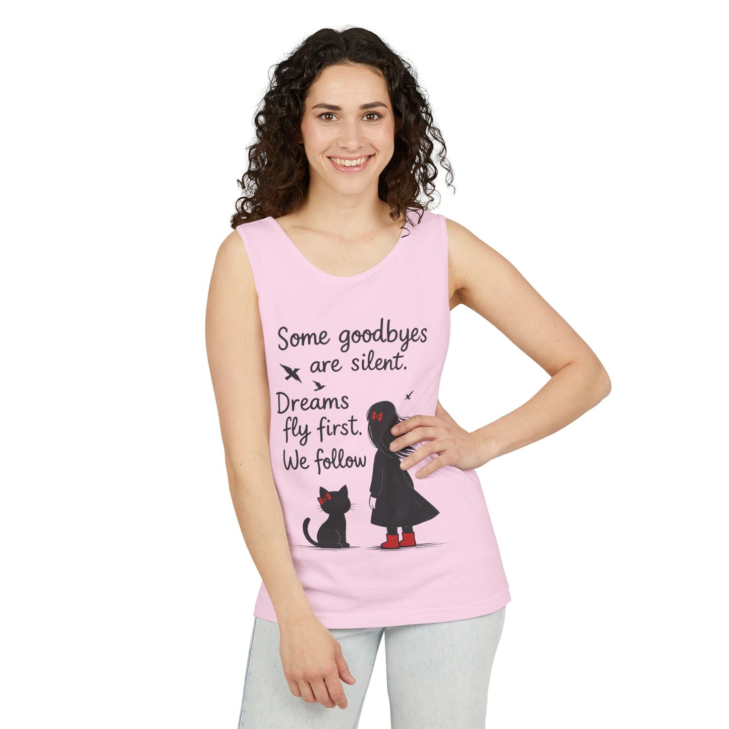 Minimalist Tank Top, Womens Tank, Girl & Cat Art Print, Emotional Lightweight Summer Shirt,  Inspirational Apparel, Cat Lover Gift