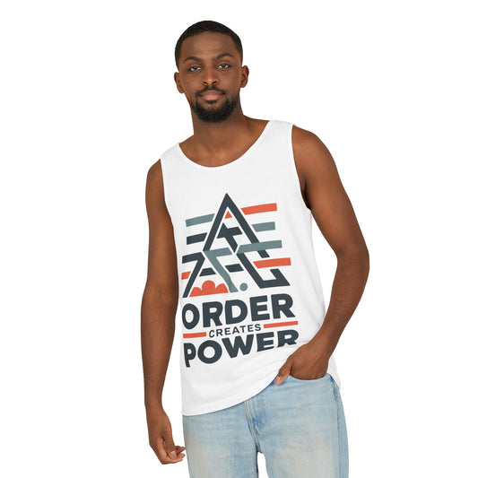 Mens Garment-Dyed Tank Top, Mens Tank Top Order Creates Power, Minimal Geometric Motivational Graphic Summer Shirt