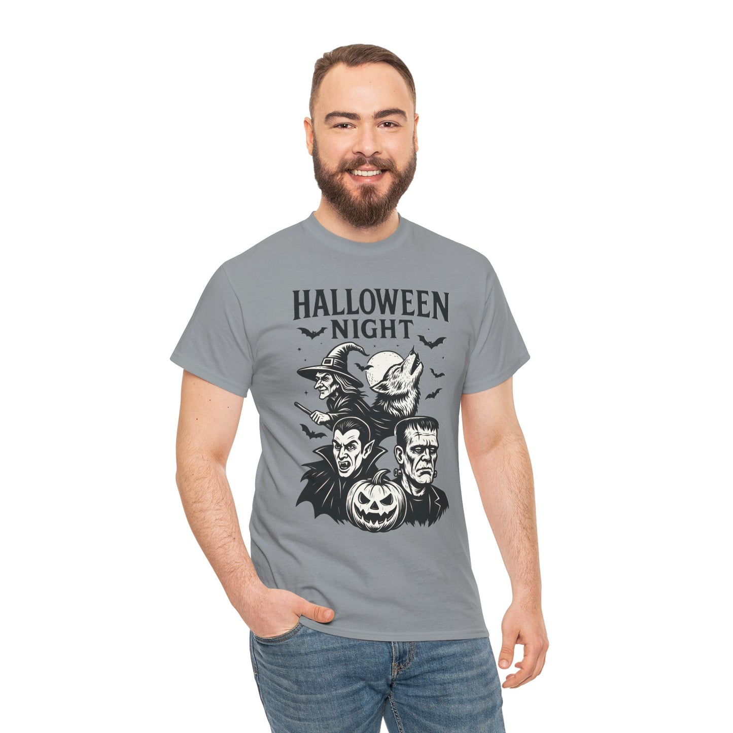 Halloween Night Men's T-Shirt, Classic Monsters Graphic Tee, Witch, Vampire, Frankenstein, Werewolf