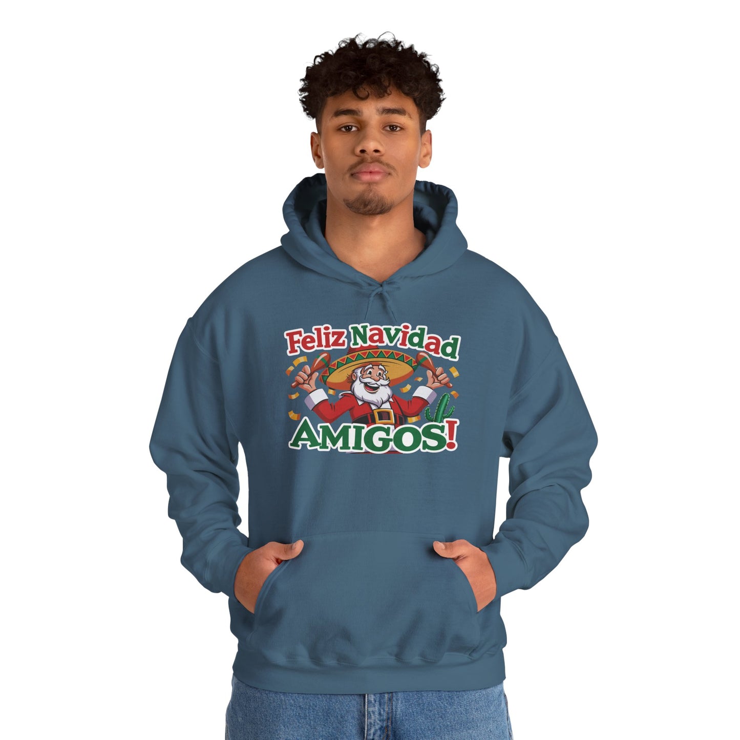 Feliz Navidad Amigos Hoodie, Funny Mexican Santa Christmas Hoodie, Latin Fiesta Holiday Sweatshirt for Men