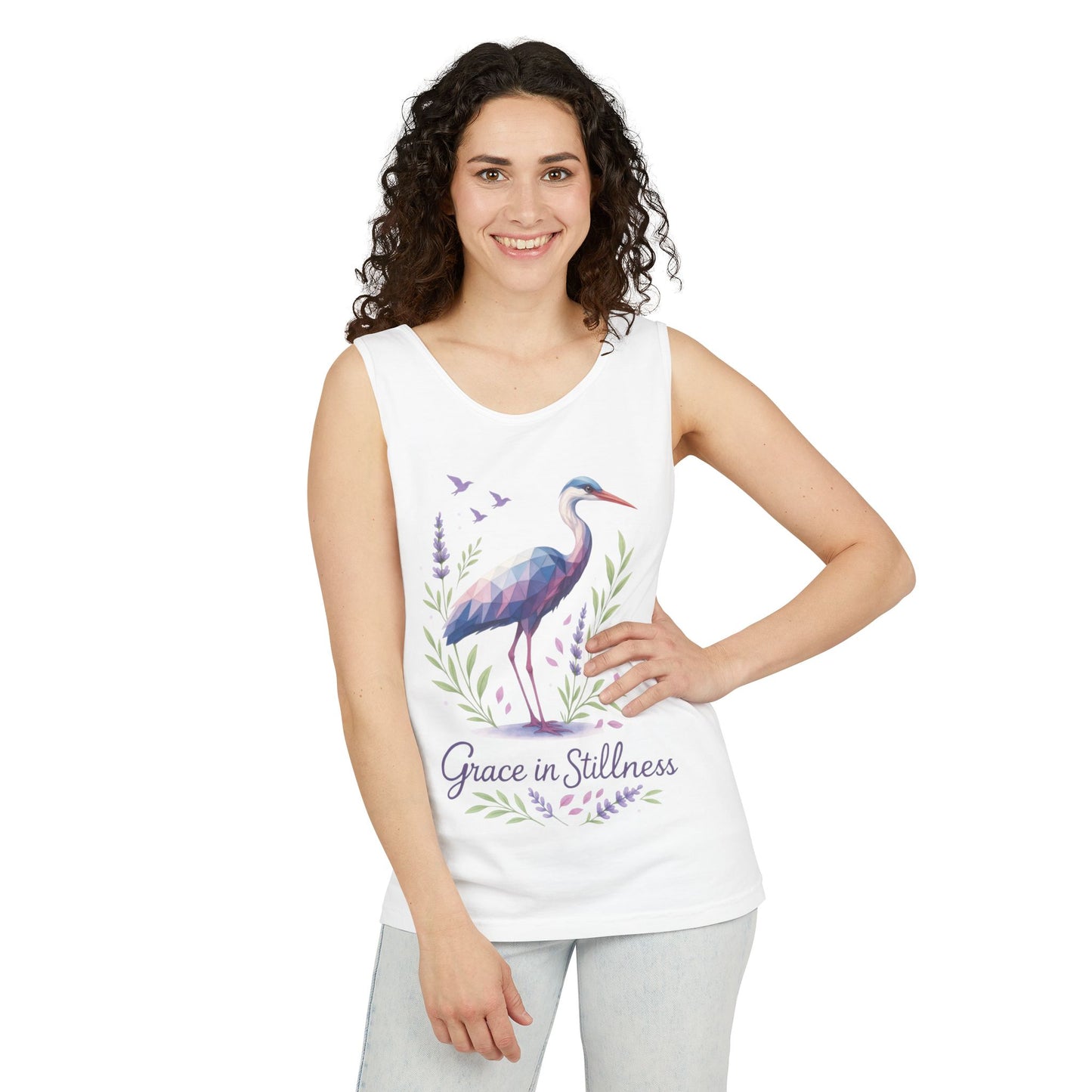 Polygonal Heron Graphic Tank, Womens Artistic Bird Summer Top, Geometric Crane, Bird Lovers Gift, Yoga Shirt, Fitness Apparel, Casual Wear