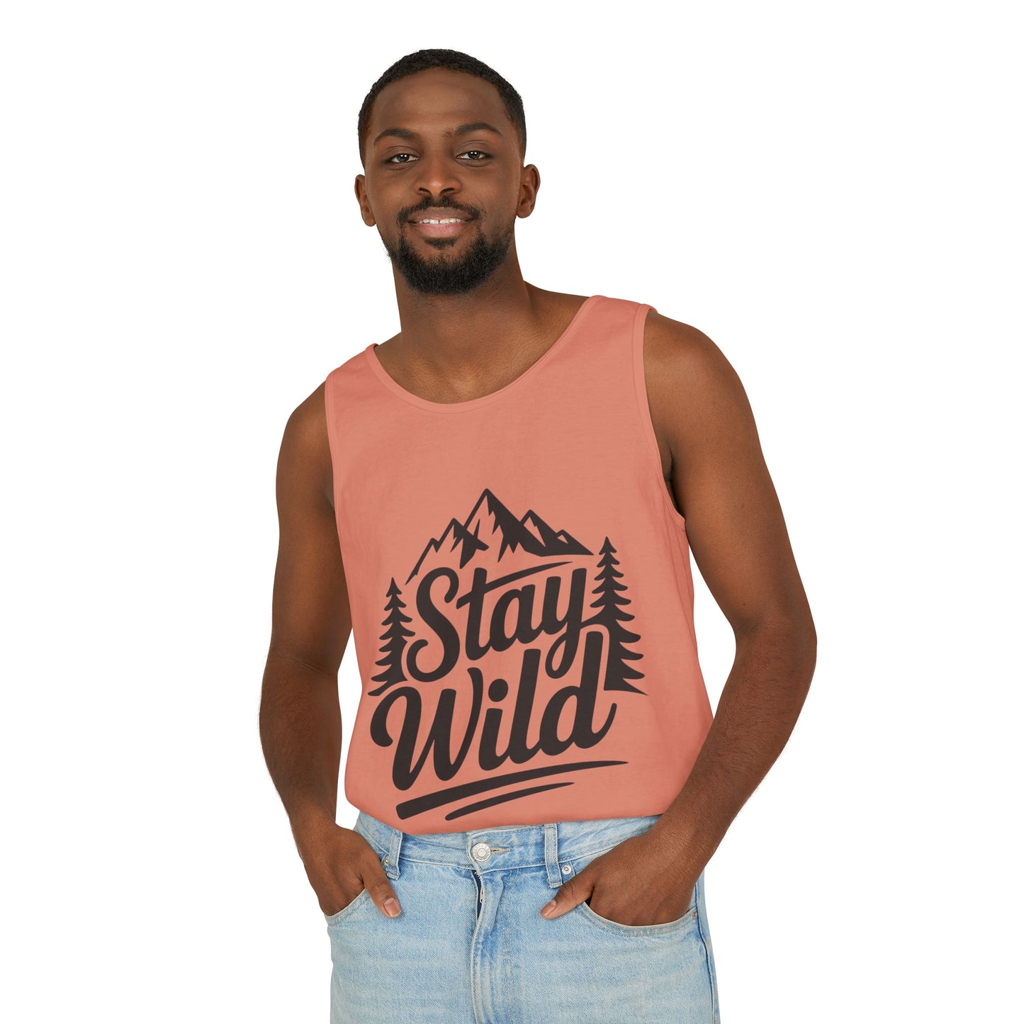 Stay Wild Garment-Dyed Mens Tank Top, Boho Summer Top, Adventure Shirt, Nature Lover Apparel, Gift for Hikers, Outdoor Clothing