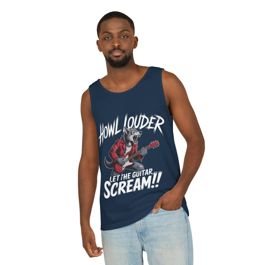 Howl Louder Wolf Tank Top, Mens Muscle Shirt, Rock Guitarist Graphic Sleeveless Tee, Wolf Workout Gym Tank, Music Lover Gift