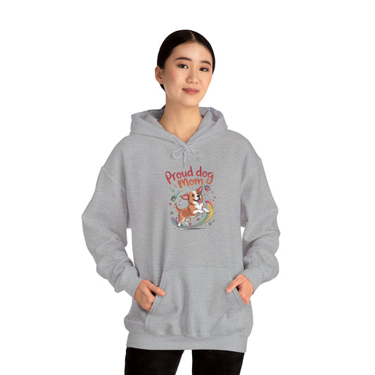 Proud Dog Mom Hoodie, Gift for Dog Owners, Dog Lover Apparel, Mother's Day Gift, Unisex Hooded Sweatshirt, Corgi Rainbow Print