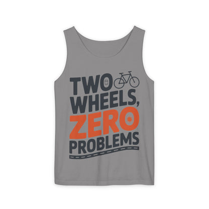 Mens Garment-Dyed Tank Top, Two Wheels Zero Problems Mens Cycling Graphic Tank, Gift for Cyclists