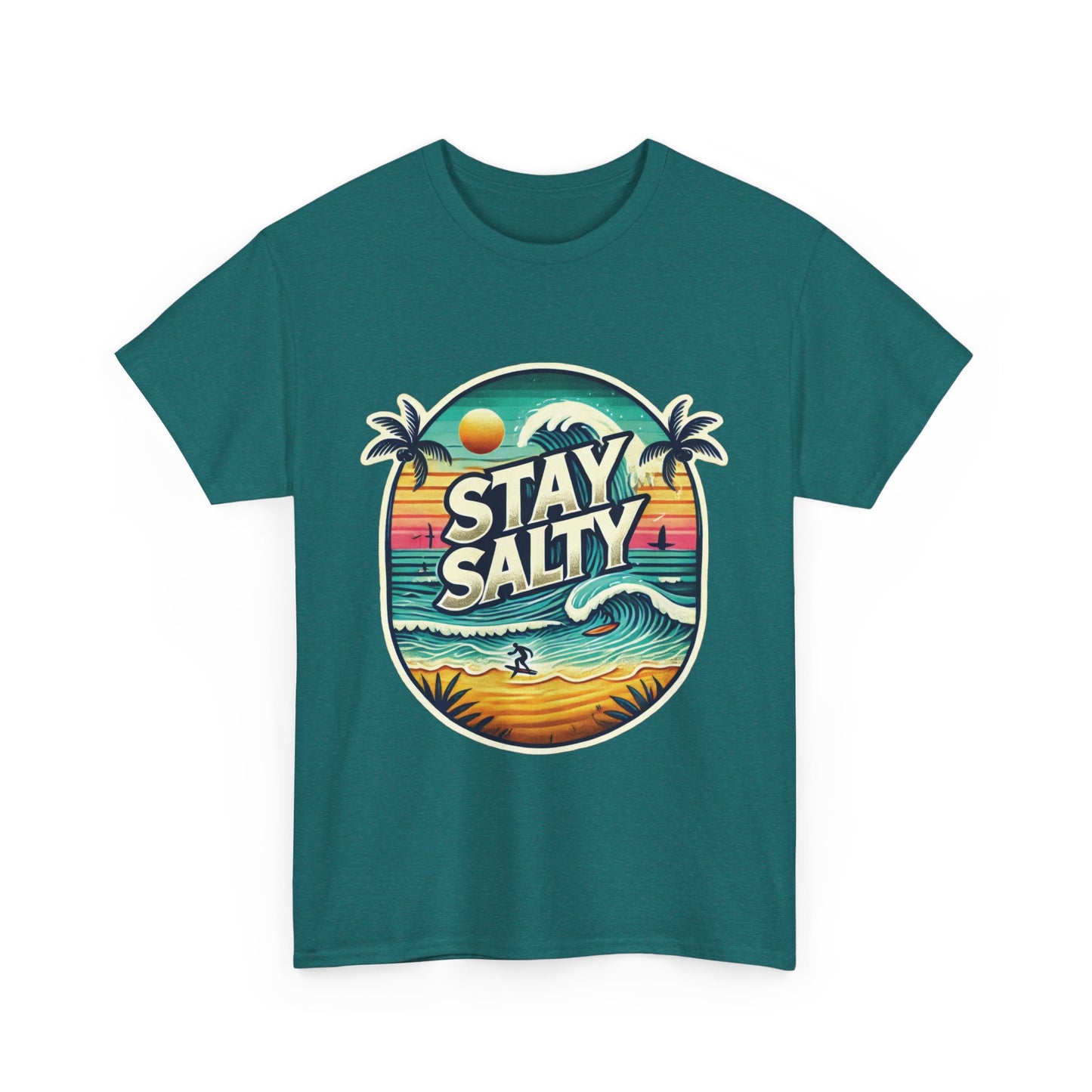 Stay Salty Retro Surf Unisex Heavy Cotton Tee, Vintage Beach Sunset Graphic T-Shirt, Summer Ocean Wave Surfer Shirt, Ocean Lover Gift