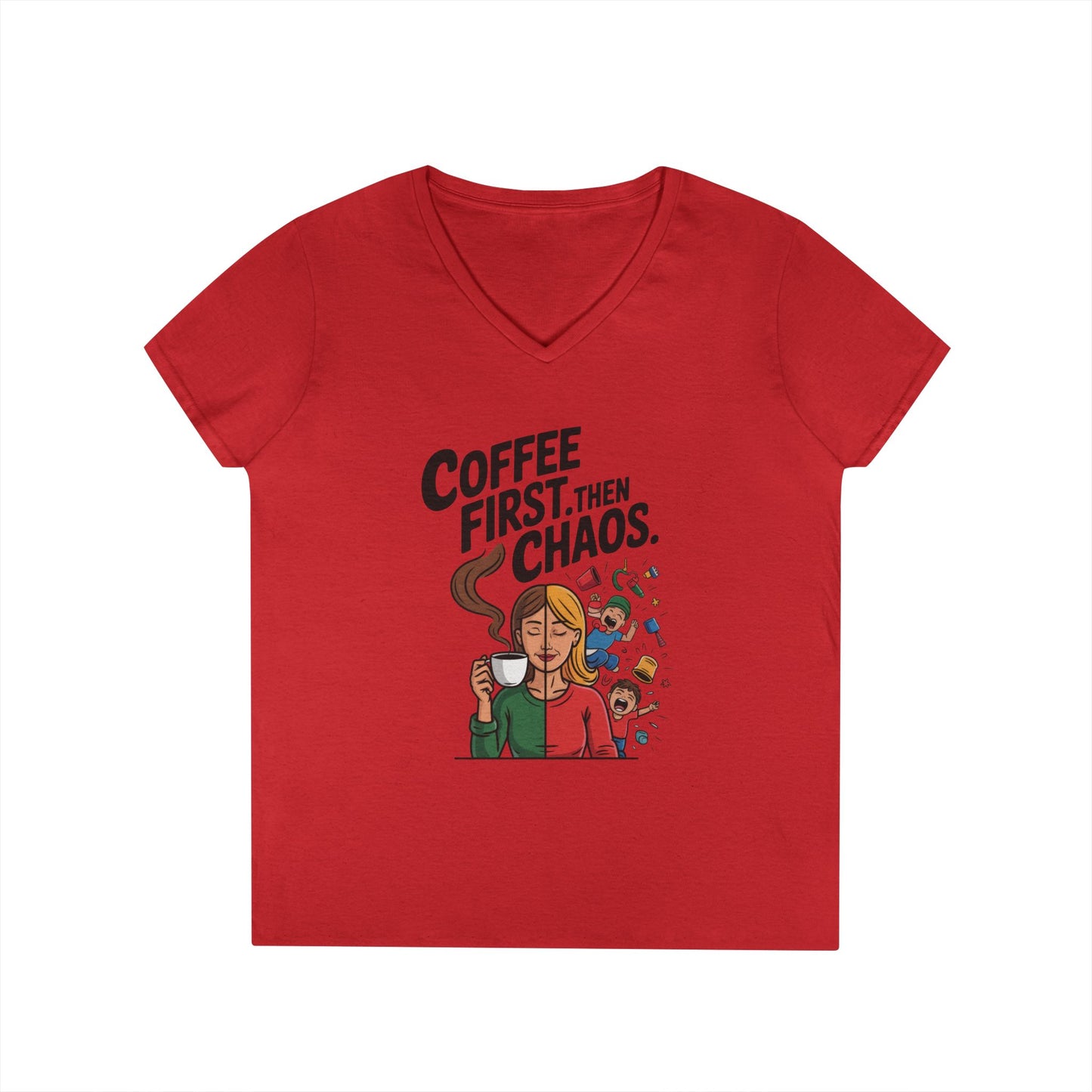Coffee First Then Chaos V-Neck T-Shirt, Funny Mom Life Shirt, Mother's Day Gift, Mom Humor Tee, mom graphic tee, caffeine lover tee