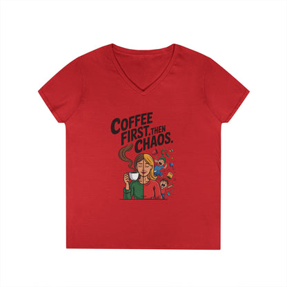 Coffee First Then Chaos V-Neck T-Shirt, Funny Mom Life Shirt, Mother's Day Gift, Mom Humor Tee, mom graphic tee, caffeine lover tee