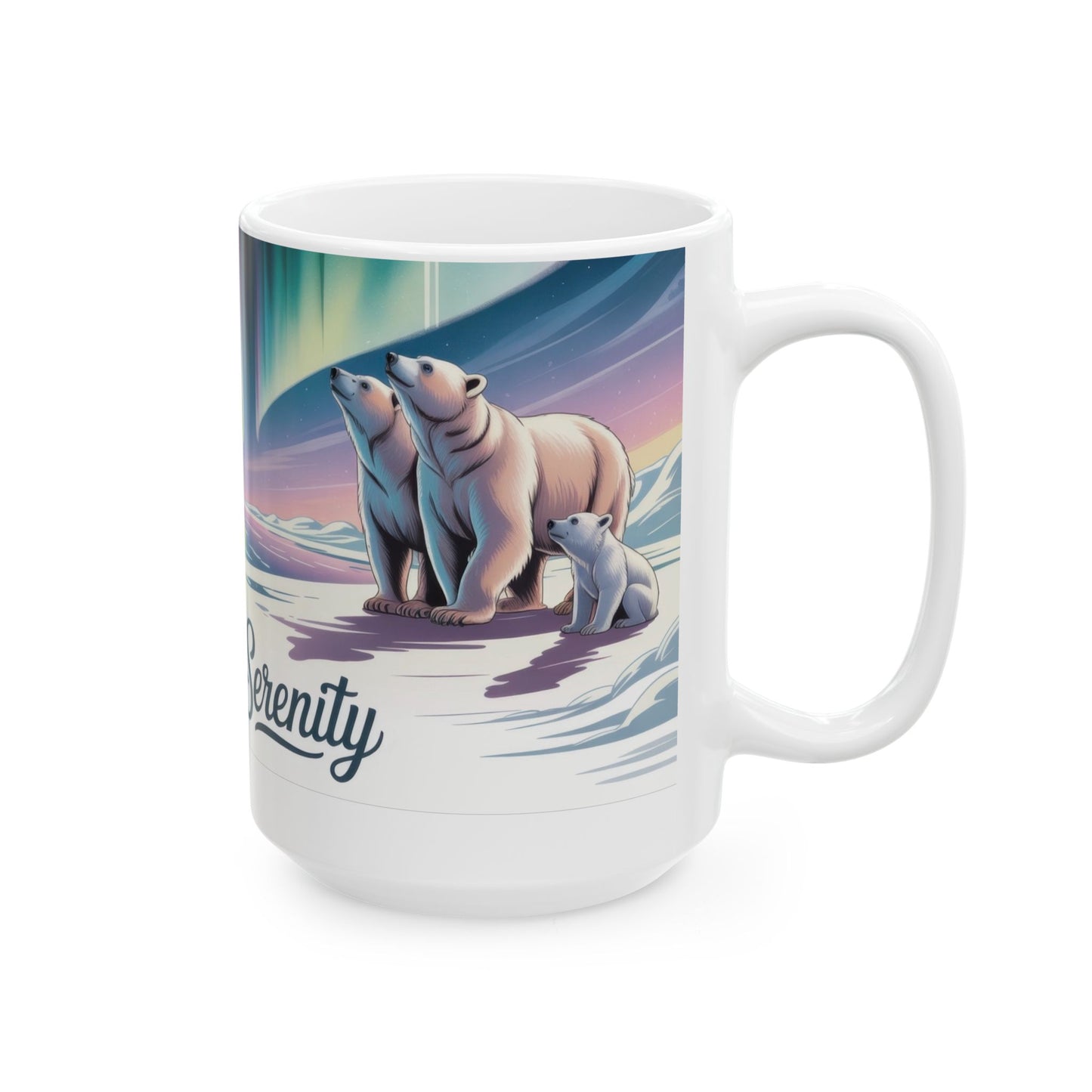 Northern Serenity Polar Bear Mug, Arctic Aurora Coffee Cup, Winter Wildlife Gift, Cute Animal Nature Lover Mug, Holiday Present