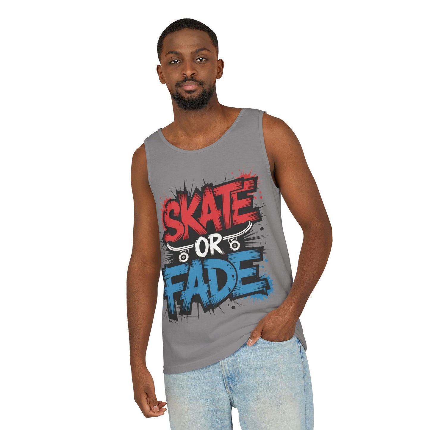 Skate Or Fade Men's Tank Top, Graffiti Skateboard Graphic Muscle Shirt, Urban Streetwear Sleeveless Top, Men's Garment-Dyed Tank Top