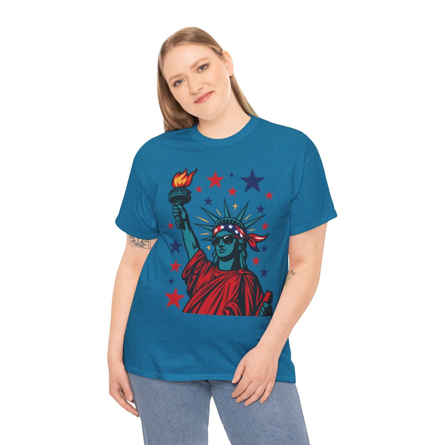 Lady Liberty Pop Art T-Shirt, Patriotic 4th of July Women’s Tee, Retro USA Bandana Statue Shirt
