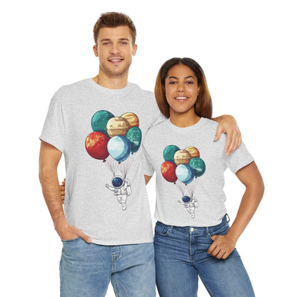 Astronaut with Planet Balloons T-Shirt, Space Lover Unisex Tee, Outer Space Graphic Shirt, Space Theme Shirt, Cosmic Adventure Top
