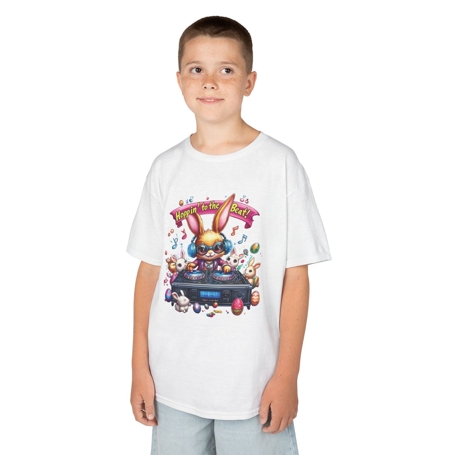 Kids Easter DJ Bunny T-Shirt Fun - Music Themed Spring Tee, Hoppin to the Beat Design, Colorful Holiday Shirt for Boys and Girls