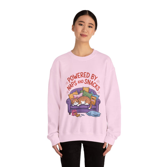 Powered by Naps and Snacks Sweatshirt, Cozy Lounge Crewneck, Gifts for Cat Lovers, Funny Cat Sweatshirt, Casual Everyday Wear