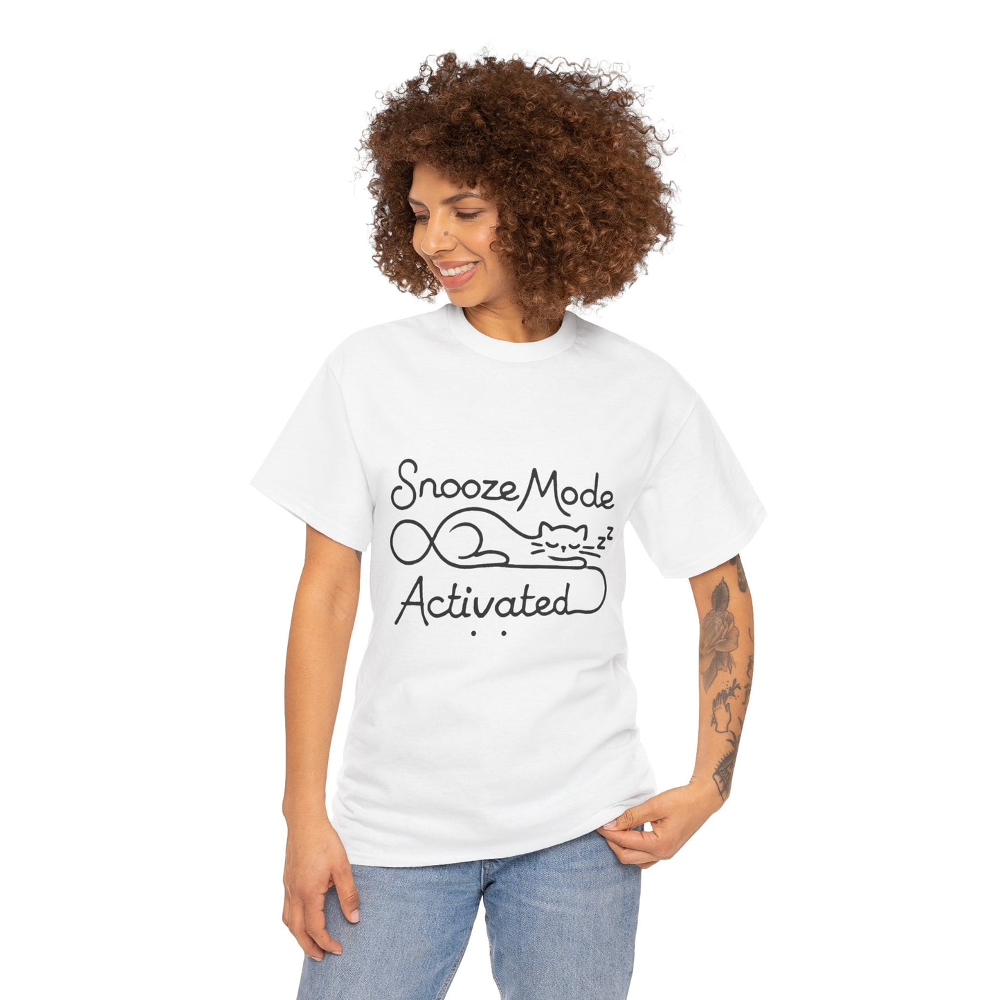 Cotton T-Shirt for Cat Lovers, Funny Sleeping Cat Tee,  Lazy Mood Graphic, Women's Heavy Cotton T-Shirt Gift for Cat Lovers