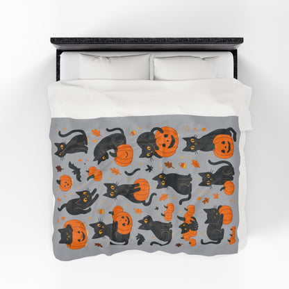 Cute Black Cats and Pumpkins Halloween Blanket, Cozy Fall Velveteen Plush Throw, Kawaii Spooky Cat Lover Gift, Autumn Home Decor, Blanket