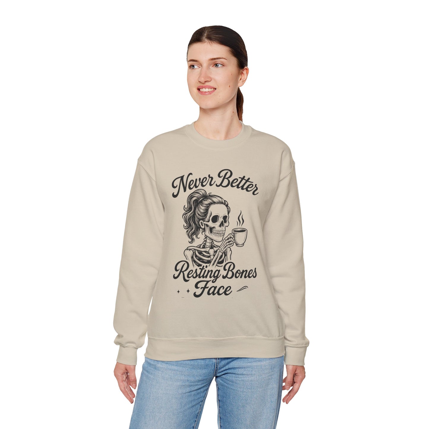 Skull Coffee Lovers Crewneck Sweatshirt, Womens, Perfect for Halloween, Cozy Outfit, Gift for Friends, Relaxing Days, Coffee Enthusiasts