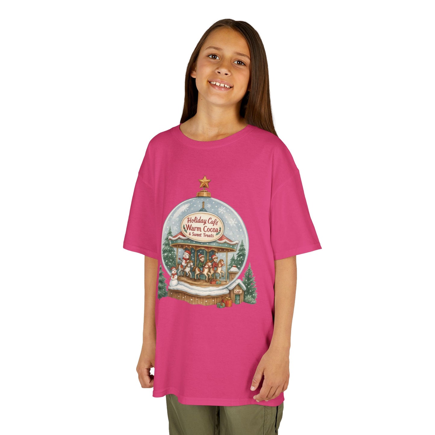 Youth Holiday Café Christmas T-Shirt, Warm Cocoa Carousel Kids Tee