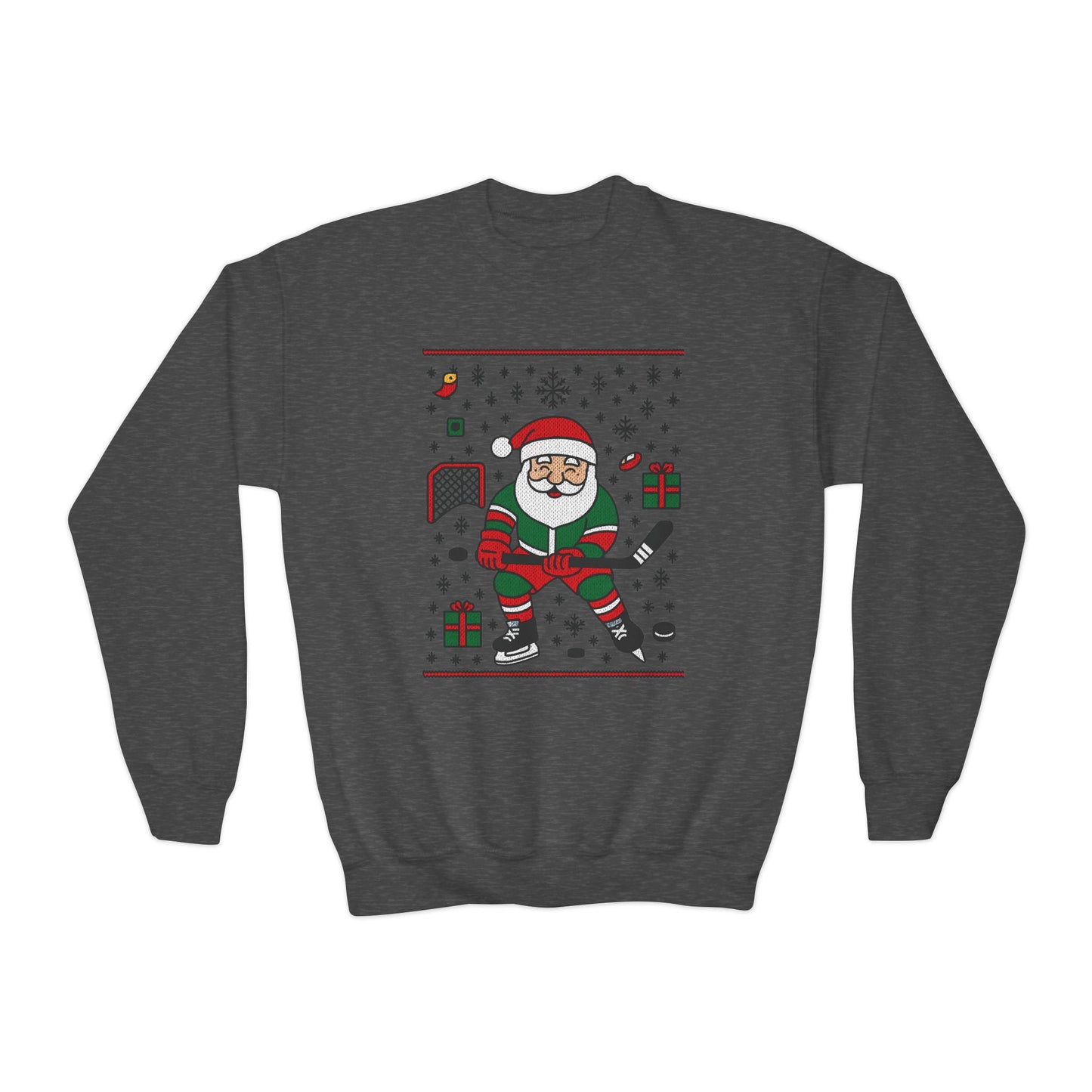 Hockey Santa Youth Christmas Sweatshirt, Funny Sports Holiday Jumper for Boys