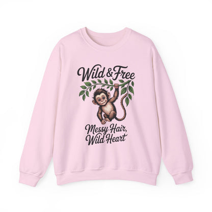 Wild & Free Monkey Sweatshirt, Messy Hair Wild Heart Womens Pullover, Cute Jungle Animal Sweater, Boho Adventure Graphic, Nature Lover Gift