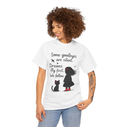 Emotional Hand Drawn Womens T-Shirt, Minimalist Red Dress Girl and Cat Graphic Tee, Cat Lover Gift