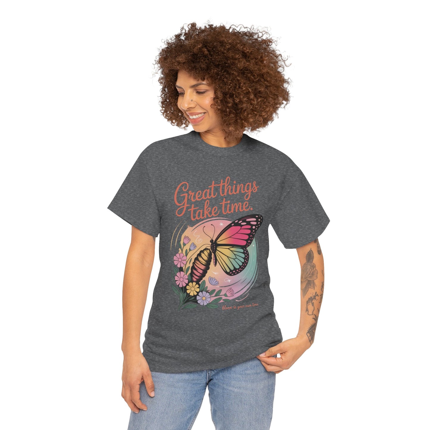 Butterfly Motivational Women's Heavy Cotton Tee, Great Things Take Time Shirt, Gift for Nature Lovers, Inspirational Apparel, Summer Outfit