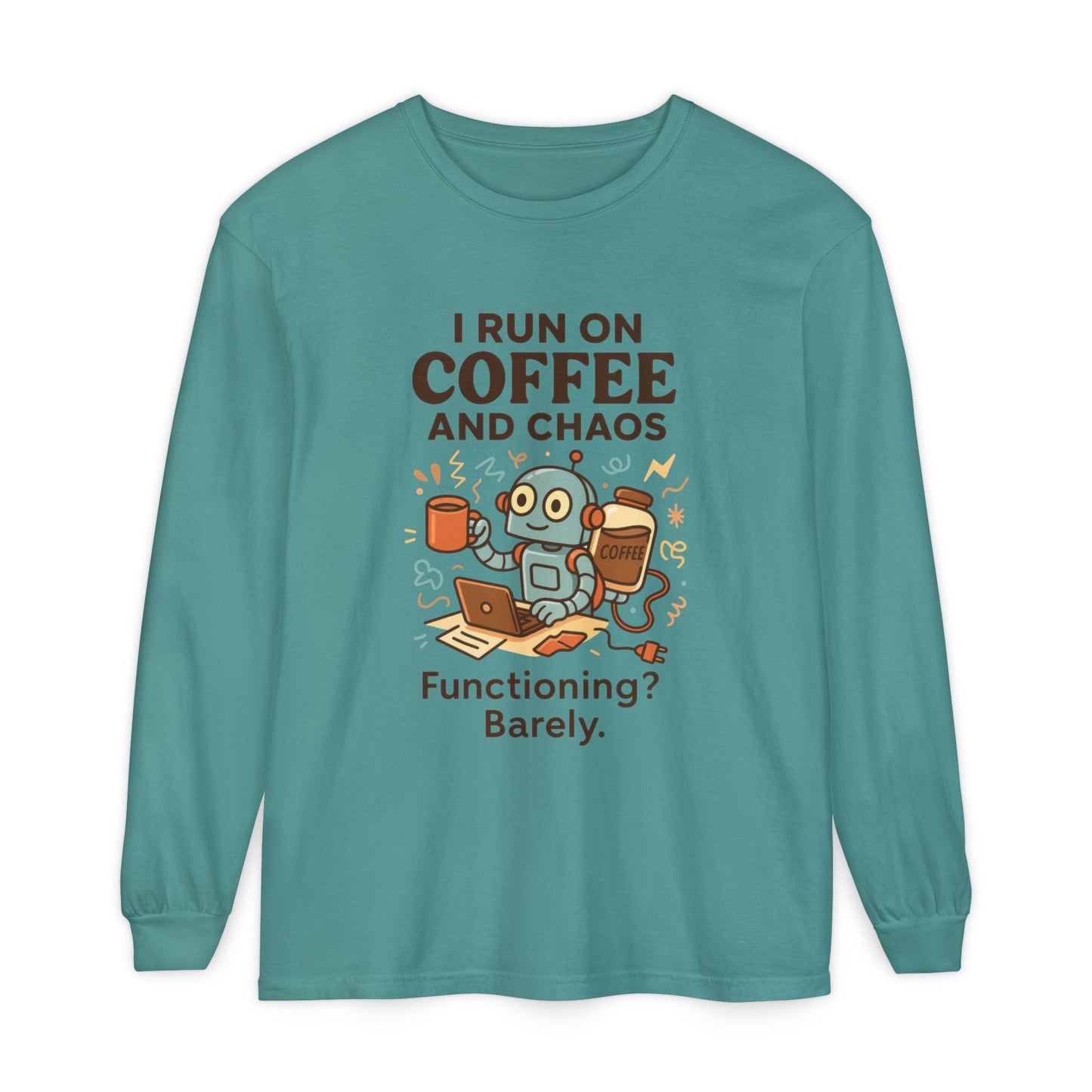 Coffee Chaos Long Sleeve Tee, Funny T-Shirt, Quirky Gift for Coffee Lovers, Unisex Top for Busy Lives, Work from Home Humor Tee