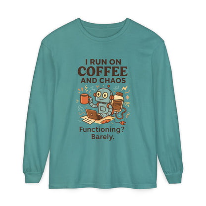 Coffee Chaos Long Sleeve Tee, Funny T-Shirt, Quirky Gift for Coffee Lovers, Unisex Top for Busy Lives, Work from Home Humor Tee