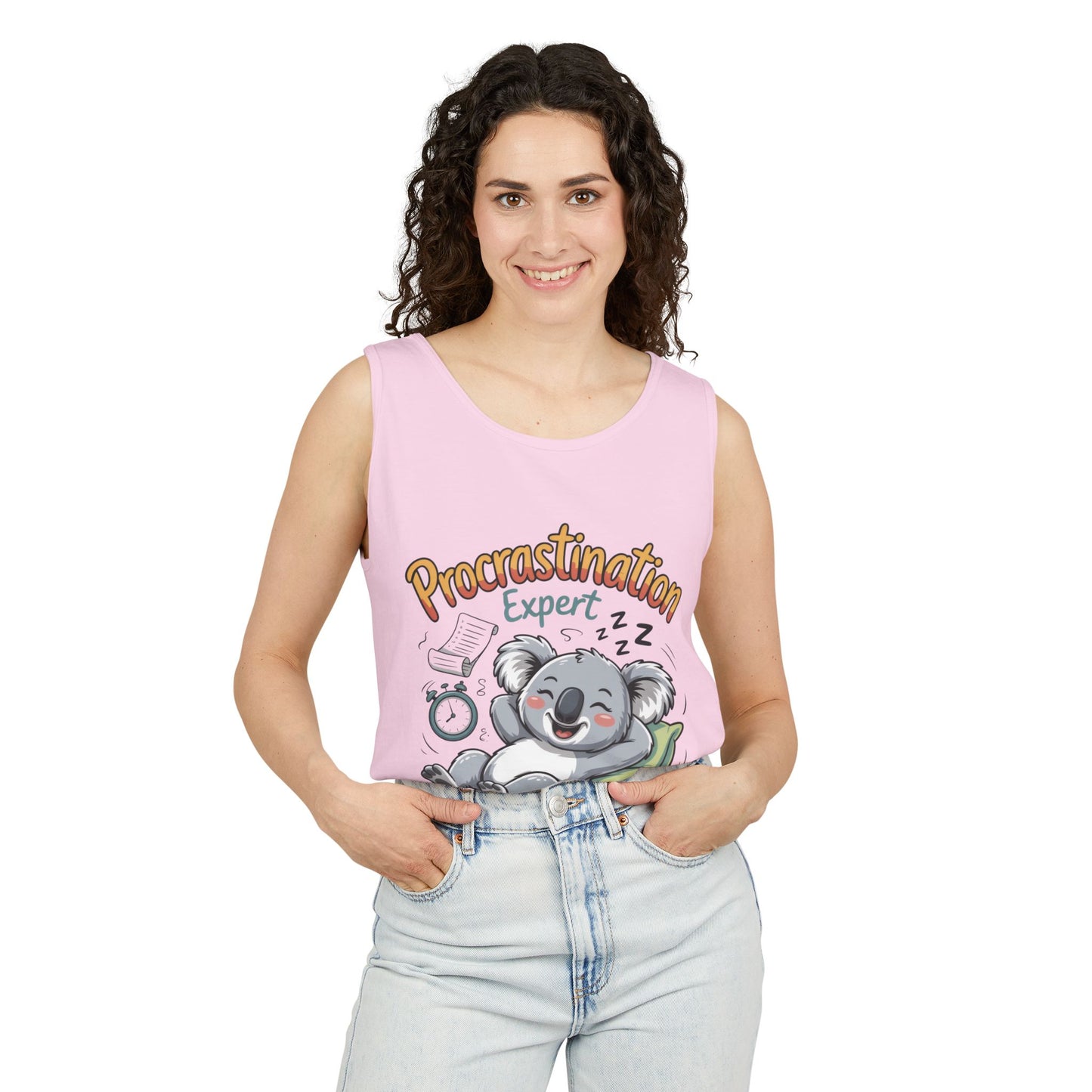 Procrastination Expert Womens Tank Top, Funny Gift for Lazy Days, Relaxed Fit Tee, Casual Summer Wear, Koala Graphic Top, Motivational Apparel