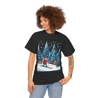 Womens Cute Winter Holiday Graphic Tee, Christmas Skiing T-Shirt, Women's Heavy Cotton Tee
