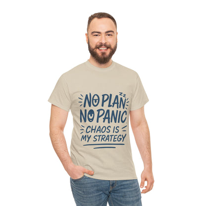 Funny Chaos Quote Mens T-Shirt, No Plan No Panic Humor Shirt, Casual Graphic Tee Gift for Him, Relaxed Fit