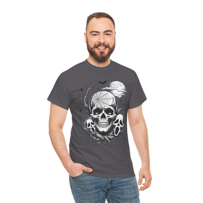 Men's Gothic Skull T-Shirt, Halloween Graphic Tee, Spider Web & Moon Horror Shirt, Spooky Skull Graphic Top for Him