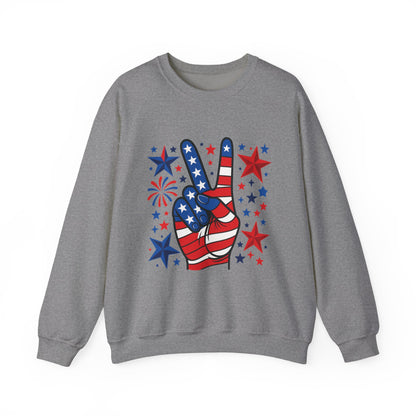 Patriotic Peace Crewneck Sweatshirt - Unisex Heavy Blend, 4th of July Clothing, Peace Sign Design, Casual Wear, Gift for Him/Her