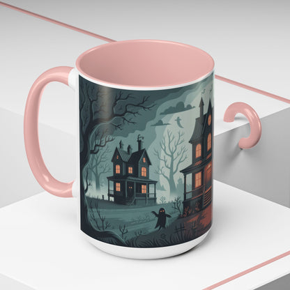Haunted Mansion Mug, Ghostly Gothic Forest Coffee Cup, Spooky Haunted House Halloween Gift for Horror Lovers, Accent Coffee Mug (11, 15oz)