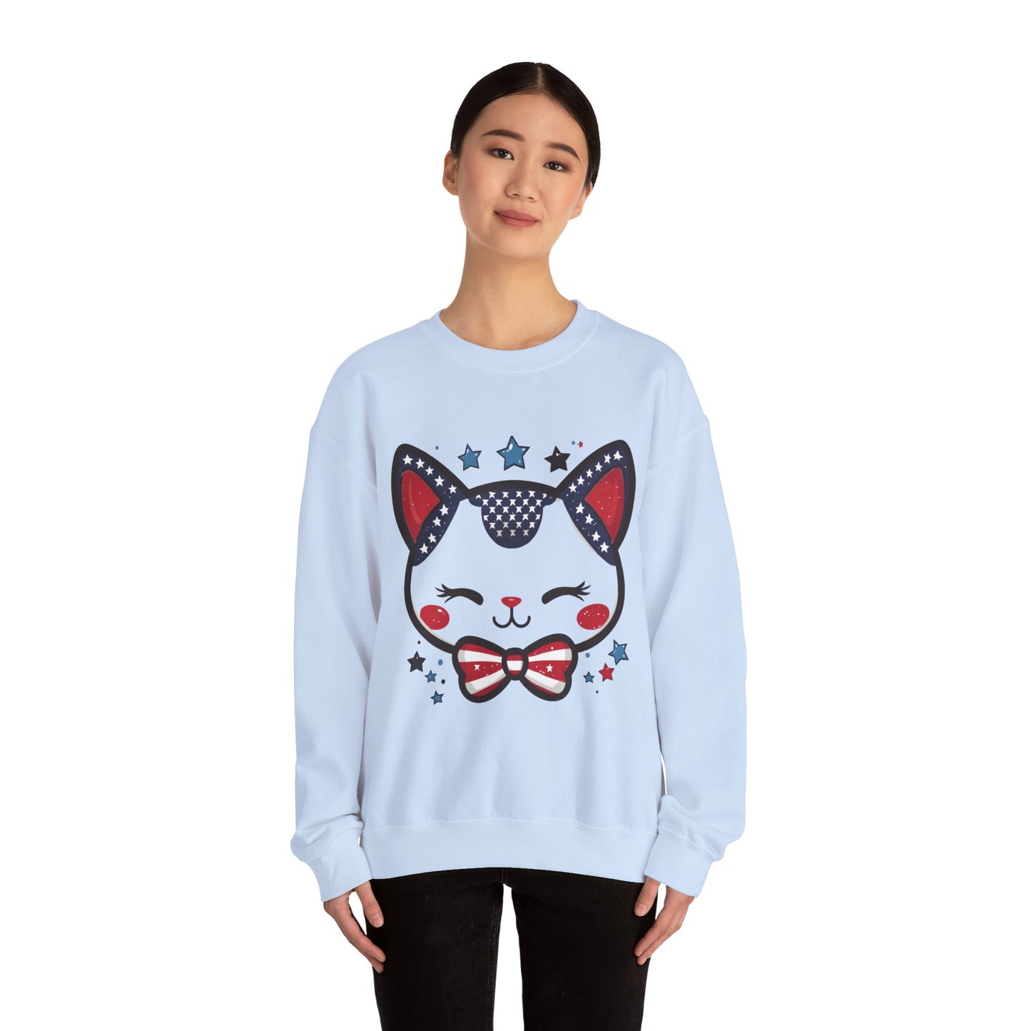 Cute Patriotic Cat Graphic Sweatshirt, Cozy Women's Crewneck, Cat Lover Gift, Fourth of July, Perfect for Holidays and Celebrations