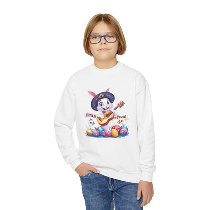 Fiesta de Pascua Bunny Sweatshirt - Mexican Easter Crewneck for Kids, Cute Spring Gift with Guitar Playing Bunny and Colorful Eggs