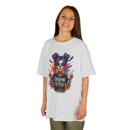 Creepin' in Style Kids Halloween T-Shirt, Colorful Skeleton Girl Design, Cute Spooky Shirt for Trendy Girls