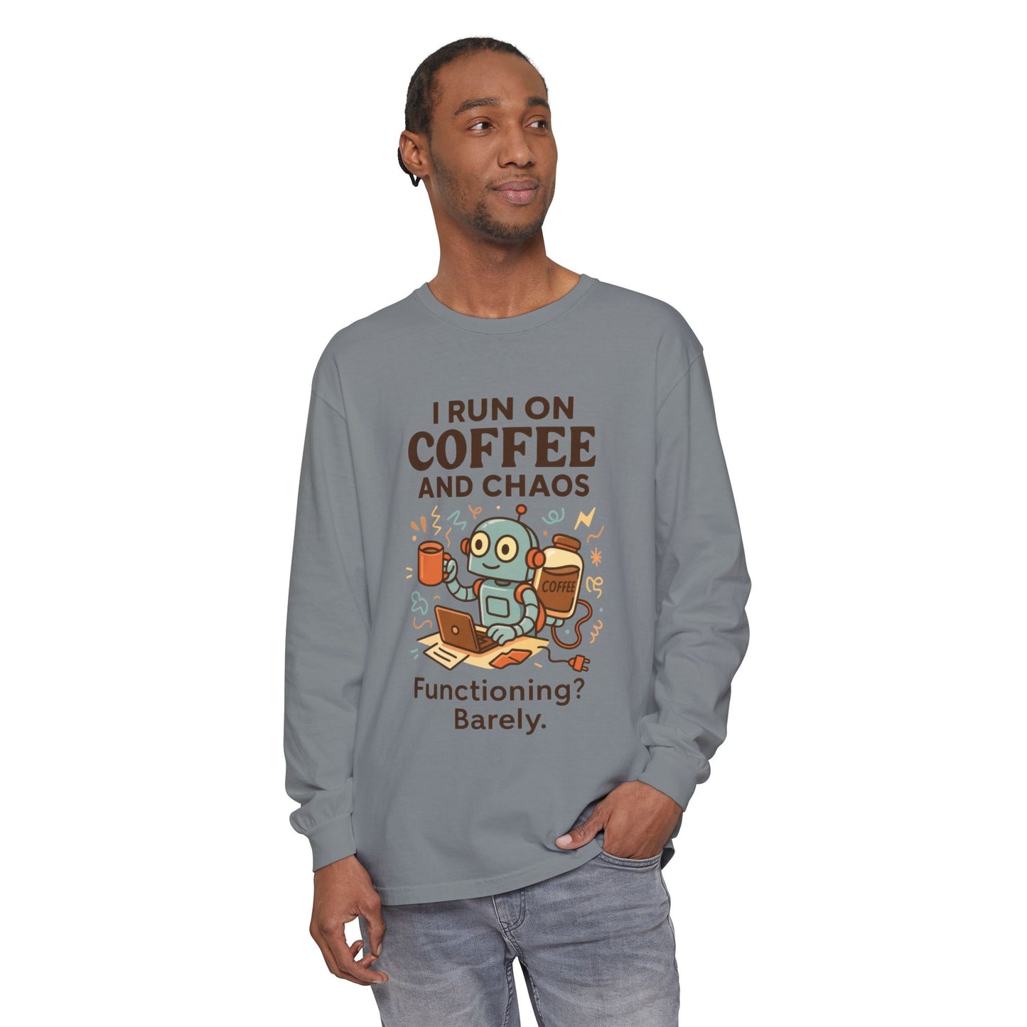 Coffee Chaos Long Sleeve Tee, Funny T-Shirt, Quirky Gift for Coffee Lovers, Unisex Top for Busy Lives, Work from Home Humor Tee