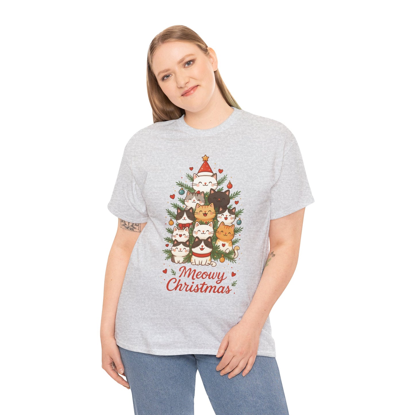 Women's Meowy Christmas Cat T-Shirt, Cute Holiday Kitty Tree Tee