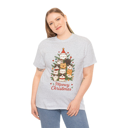 Women's Meowy Christmas Cat T-Shirt, Cute Holiday Kitty Tree Tee