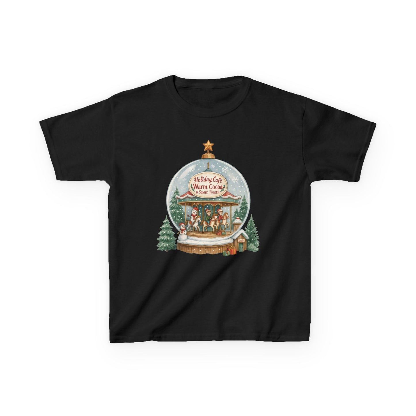 Youth Holiday Café Christmas T-Shirt, Warm Cocoa Carousel Kids Tee
