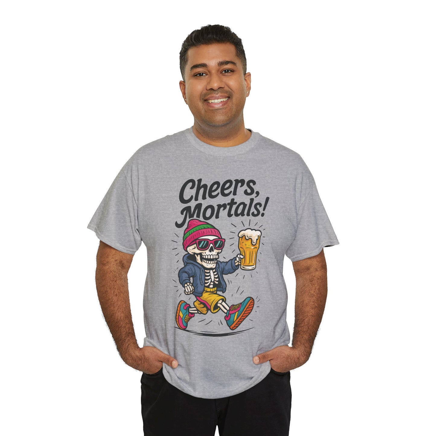 Cheers, Mortals! Mens Tee, Funny Skeleton Beer Graphic Tee, Cool Drinking Humor Shirt, Party Gift for Him, Halloween Tee,  Beer Lovers Gift