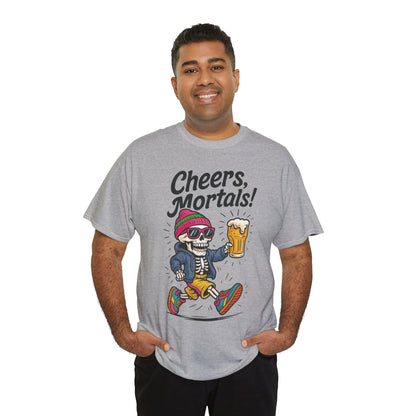 Cheers, Mortals! Mens Tee, Funny Skeleton Beer Graphic Tee, Cool Drinking Humor Shirt, Party Gift for Him, Halloween Tee,  Beer Lovers Gift